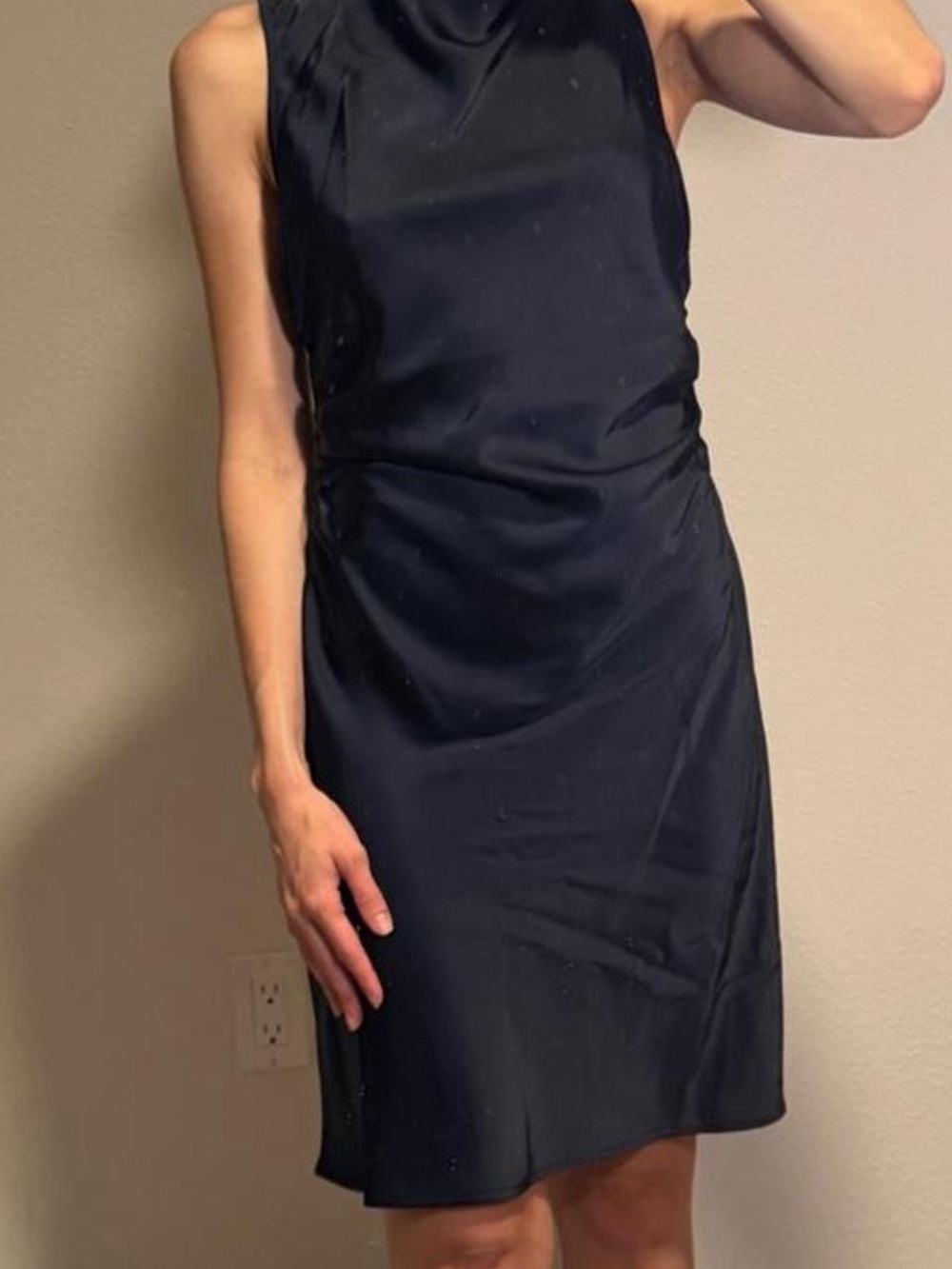 NWT WAYF Navy satin cowl neck knee length dress